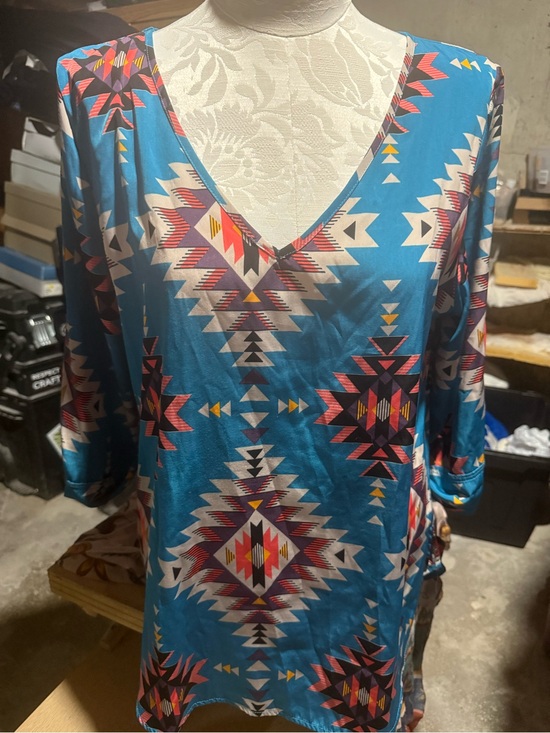 Liberty Love Tops - Liberty Love Teal Aztec V‑Neck Tunic